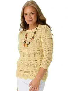 Corfu Pointelle 3/4 Sleeve Sweater in Yellow