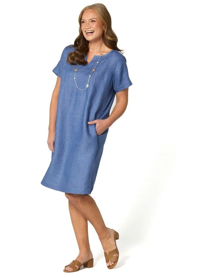 Lisa Linen Short Sleeve Pintuck Dress in Blue image 4