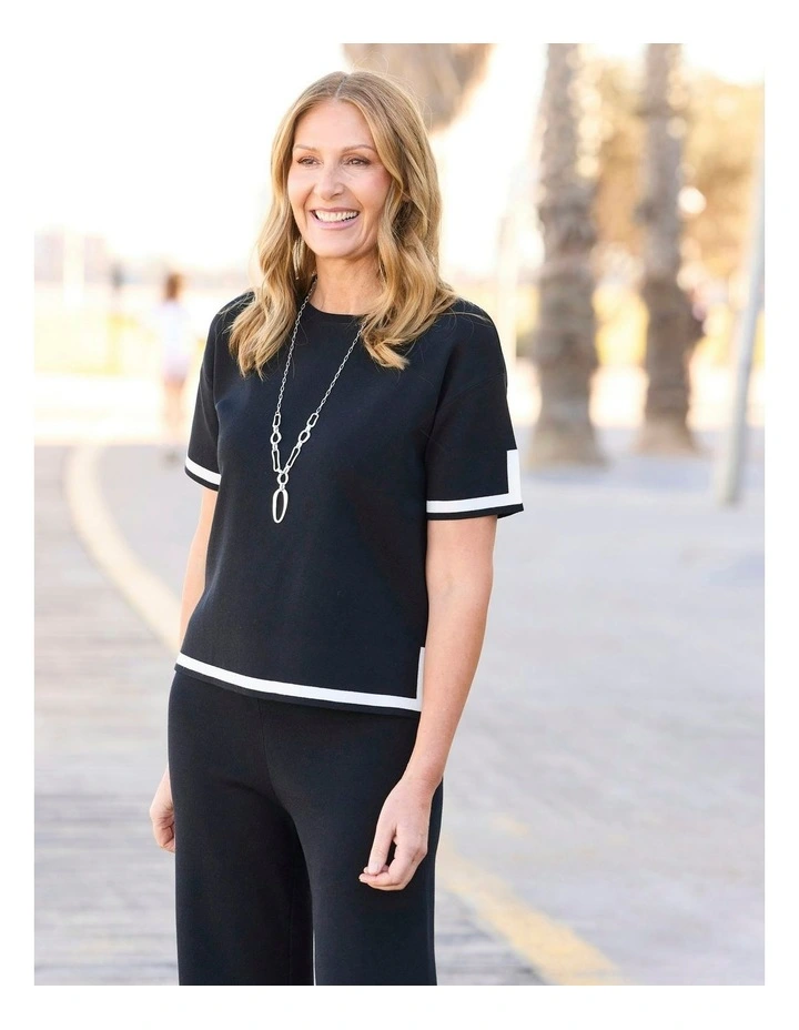Otis Contrast Trim Short Sleeve Knit Top in Black image 5