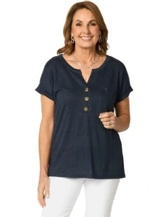 Lia Luxton V Neck Button Tee in Blue