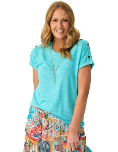 Lia Luxton Short Sleeve Button Detail Top in Blue