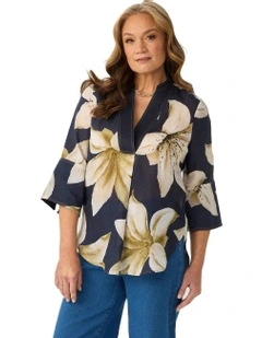 Lucia V-Neck 3/4 Sleeve Tunic Top in Blue