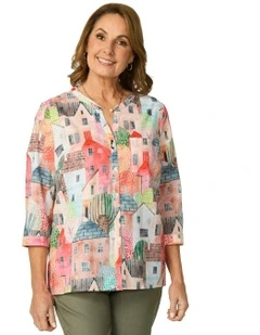 Porto 3/4 Sleeve Open Neck Shirt in Multi