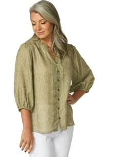 Empire Frill Neck 3/4 Sleeve Shirt in Sage