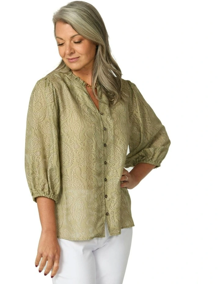 Empire Frill Neck 3/4 Sleeve Shirt in Sage image 1