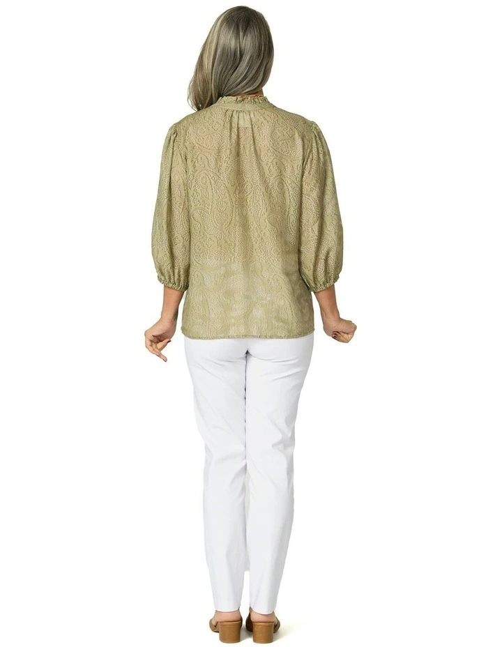 Empire Frill Neck 3/4 Sleeve Shirt in Sage image 2