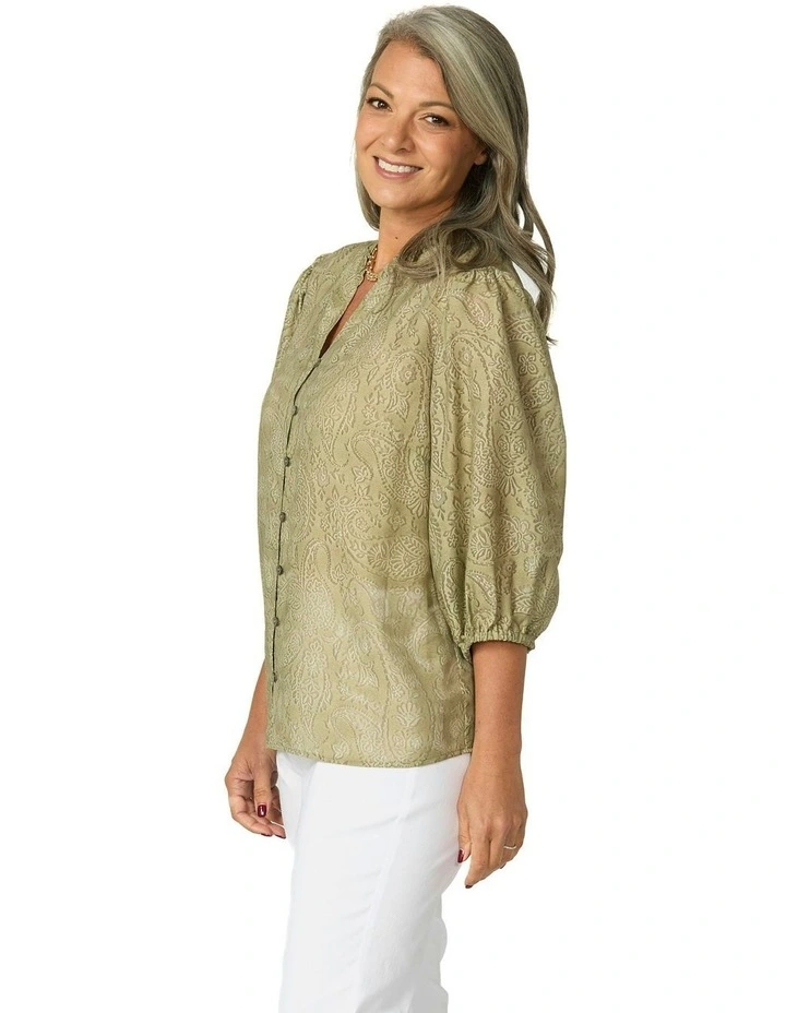 Empire Frill Neck 3/4 Sleeve Shirt in Sage image 3