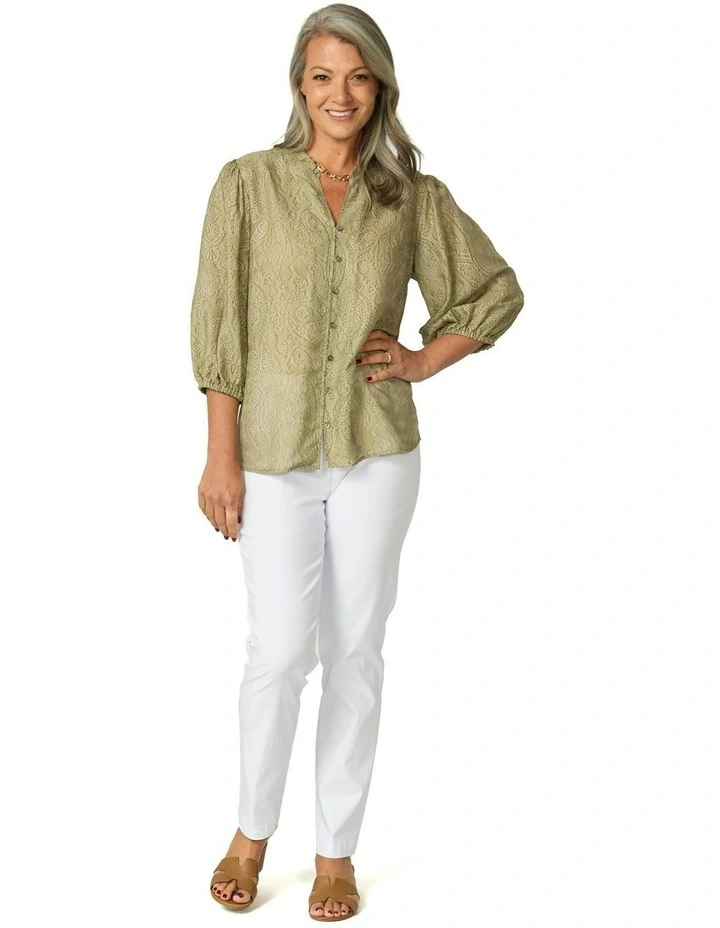 Empire Frill Neck 3/4 Sleeve Shirt in Sage image 4