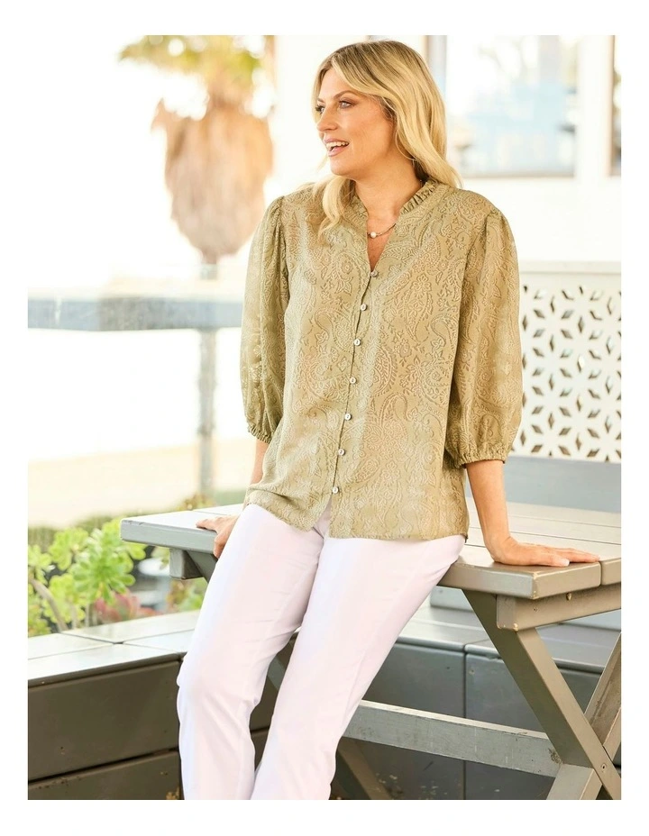 Empire Frill Neck 3/4 Sleeve Shirt in Sage image 5