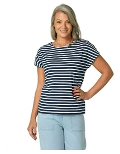 Suzette Stripe Cap Sleeve Button Tee in Navy White