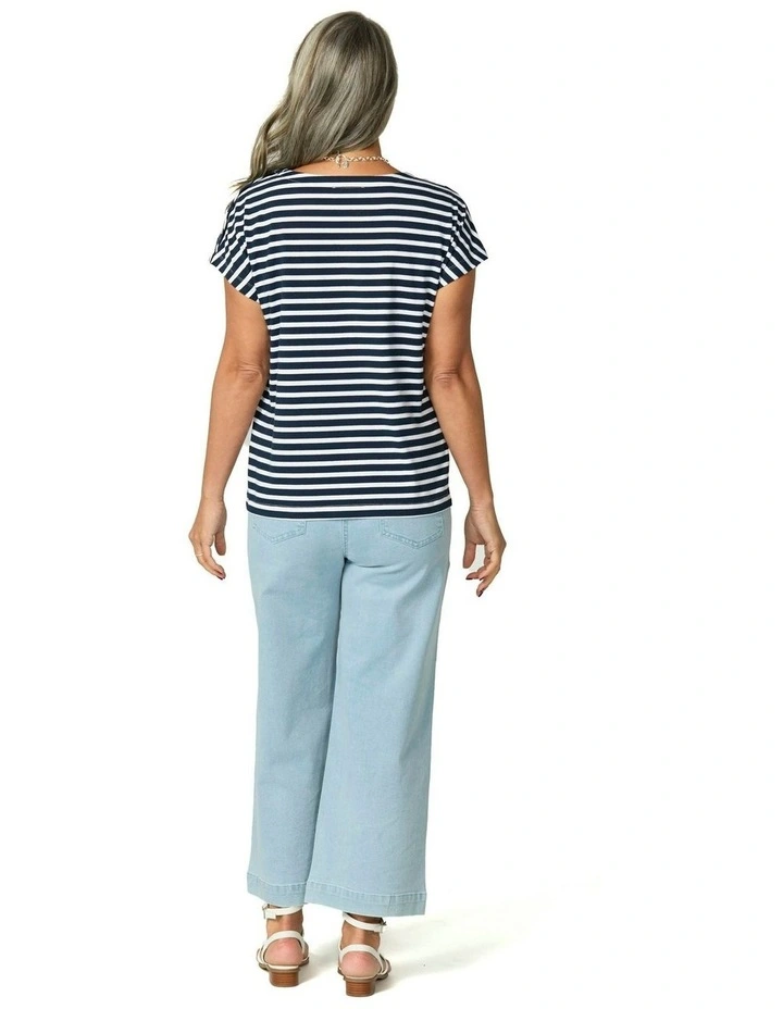 Suzette Stripe Cap Sleeve Button Tee in Navy White image 2