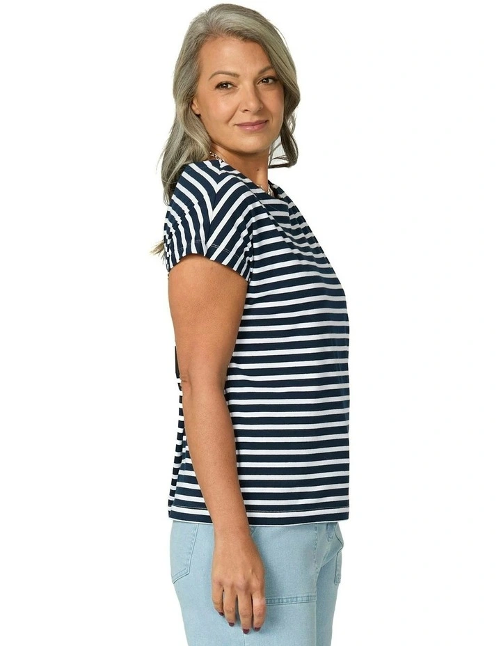Suzette Stripe Cap Sleeve Button Tee in Navy White image 3