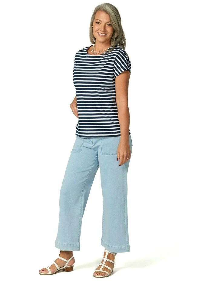 Suzette Stripe Cap Sleeve Button Tee in Navy White image 4