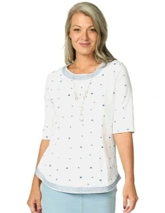 Addison Elbow Sleeve Spot Top in White/Blue