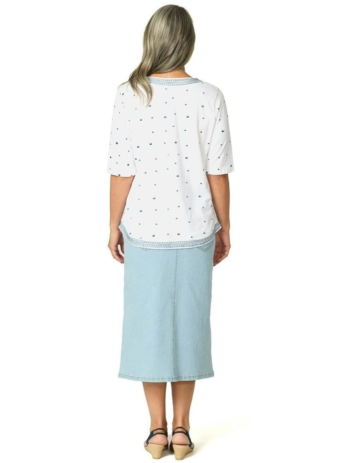 Addison Elbow Sleeve Spot Top in White/Blue image 2
