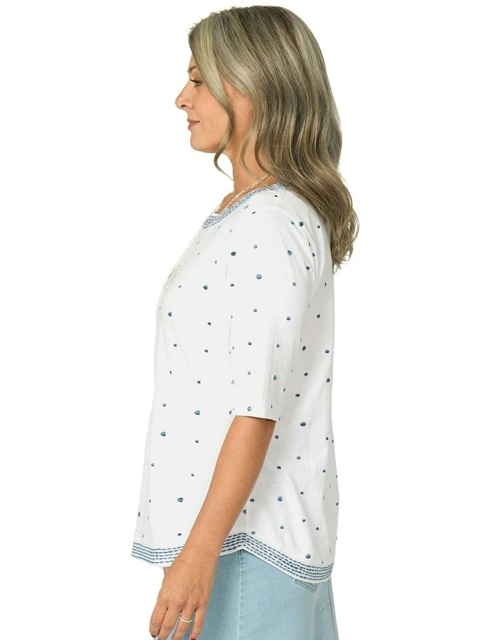 Addison Elbow Sleeve Spot Top in White/Blue image 3