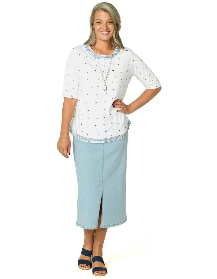 Addison Elbow Sleeve Spot Top in White/Blue image 4