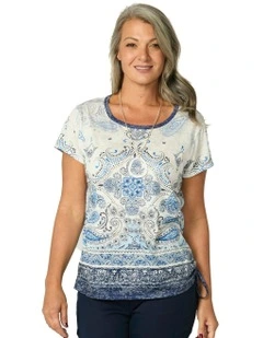 Blue Boho Short Sleeve Ruched Tee in Indigo