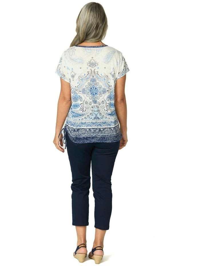Blue Boho Short Sleeve Ruched Tee in Indigo image 2