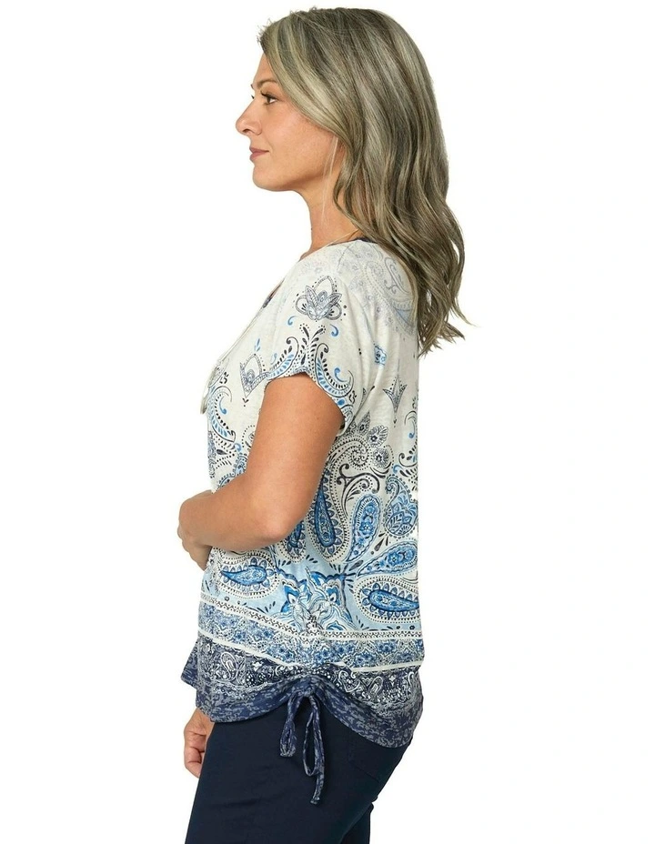 Blue Boho Short Sleeve Ruched Tee in Indigo image 3
