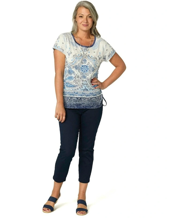 Blue Boho Short Sleeve Ruched Tee in Indigo image 4
