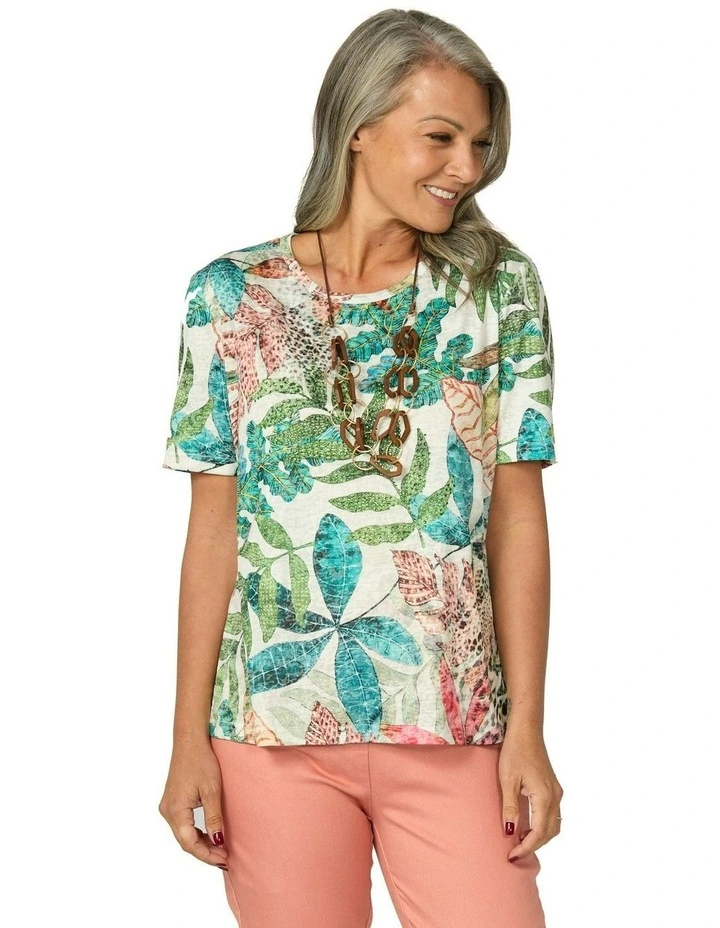 Tropical Mirage Short Sleeve Diamante Tee in Multi image 1