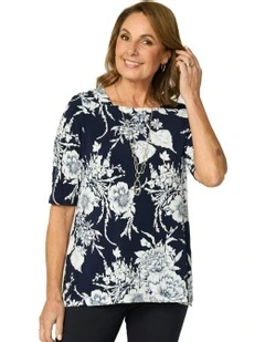 Panache Elbow Sleeve Square Neck Top in Navy/White