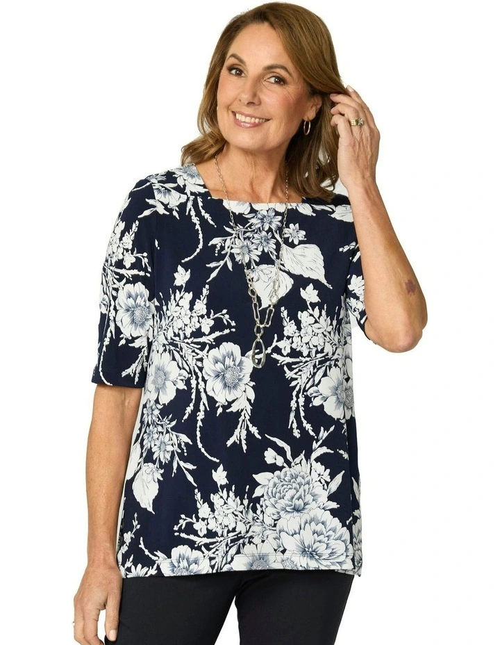 Panache Elbow Sleeve Square Neck Top in Navy/White image 1
