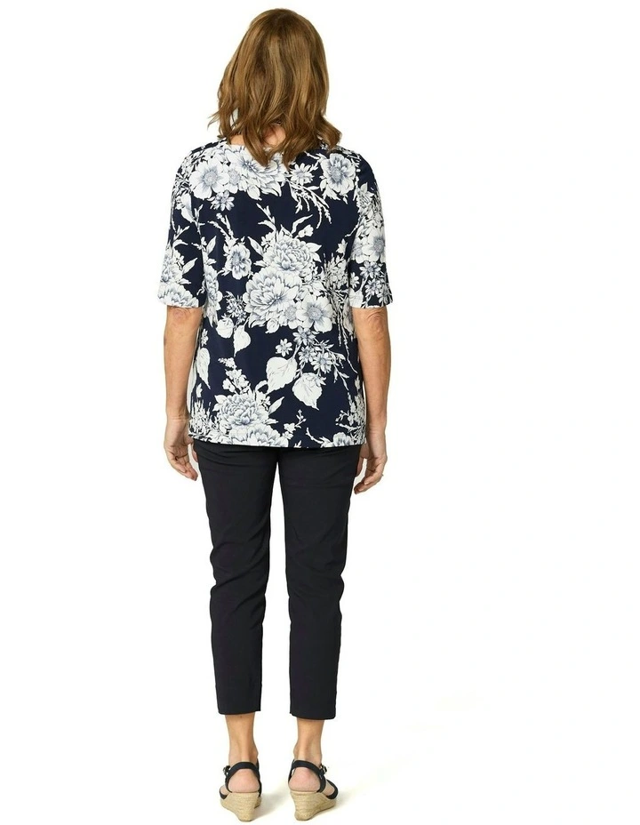 Panache Elbow Sleeve Square Neck Top in Navy/White image 2