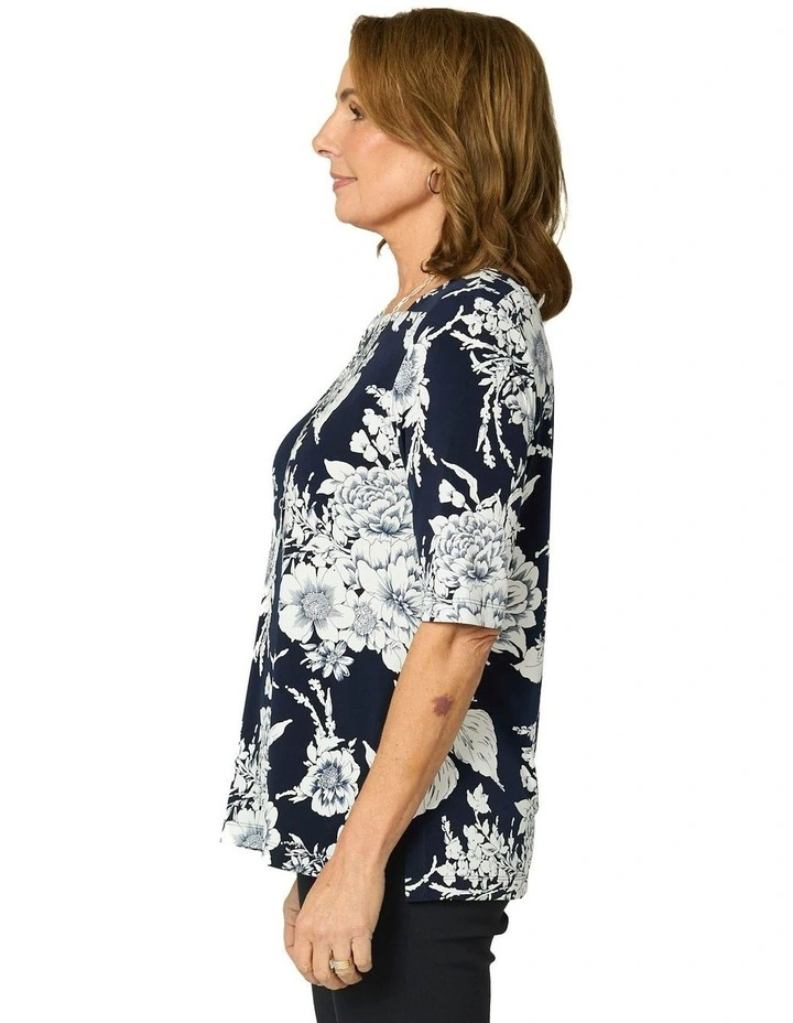 Panache Elbow Sleeve Square Neck Top in Navy/White image 3