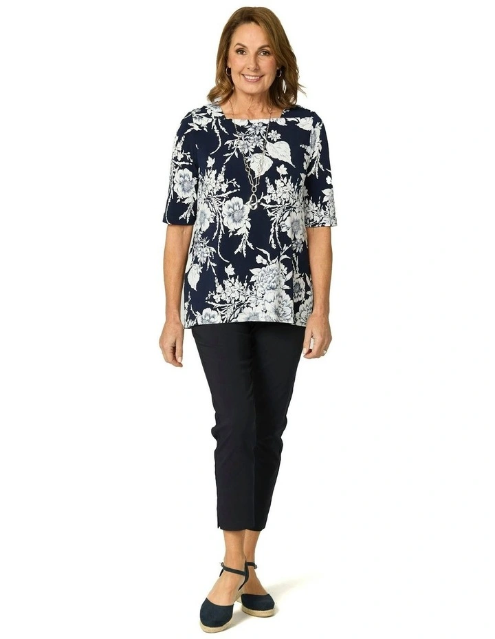 Panache Elbow Sleeve Square Neck Top in Navy/White image 4