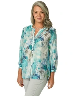 Alyssa Collarless 3/4 Sleeve Shirt in Blue