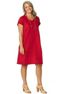 Gaby Linen Frill Neck Short Sleeve Dress in Red