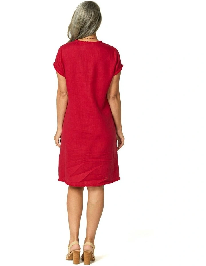 Gaby Linen Frill Neck Short Sleeve Dress in Red image 2