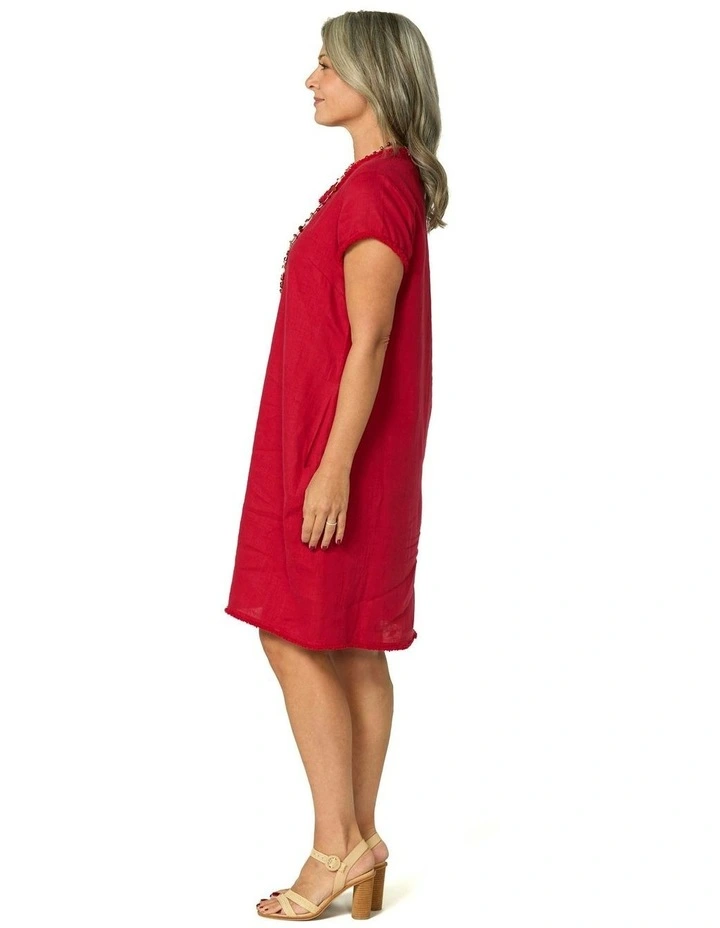 Gaby Linen Frill Neck Short Sleeve Dress in Red image 3