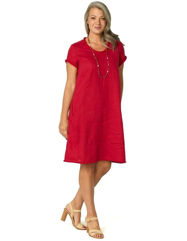 Gaby Linen Frill Neck Short Sleeve Dress in Red image 4