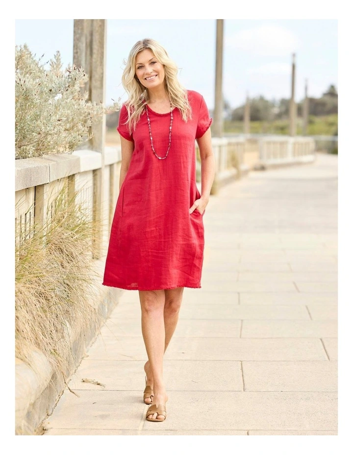 Gaby Linen Frill Neck Short Sleeve Dress in Red image 5