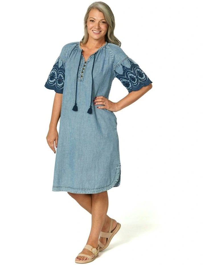 Layla Denim Embroidered Dress in Blue image 1