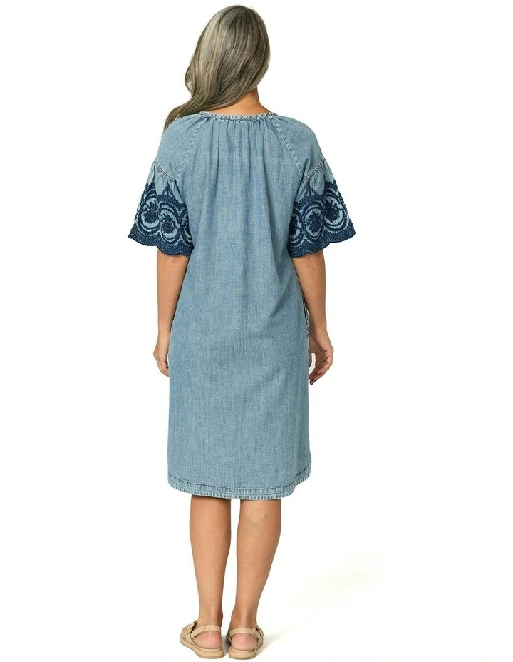 Layla Denim Embroidered Dress in Blue image 2
