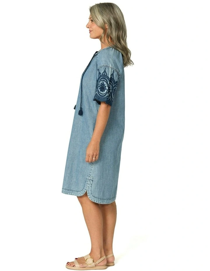 Layla Denim Embroidered Dress in Blue image 3