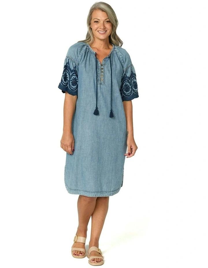 Layla Denim Embroidered Dress in Blue image 4