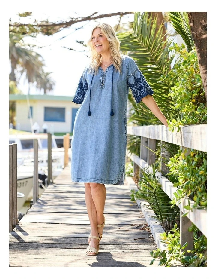Layla Denim Embroidered Dress in Blue image 5