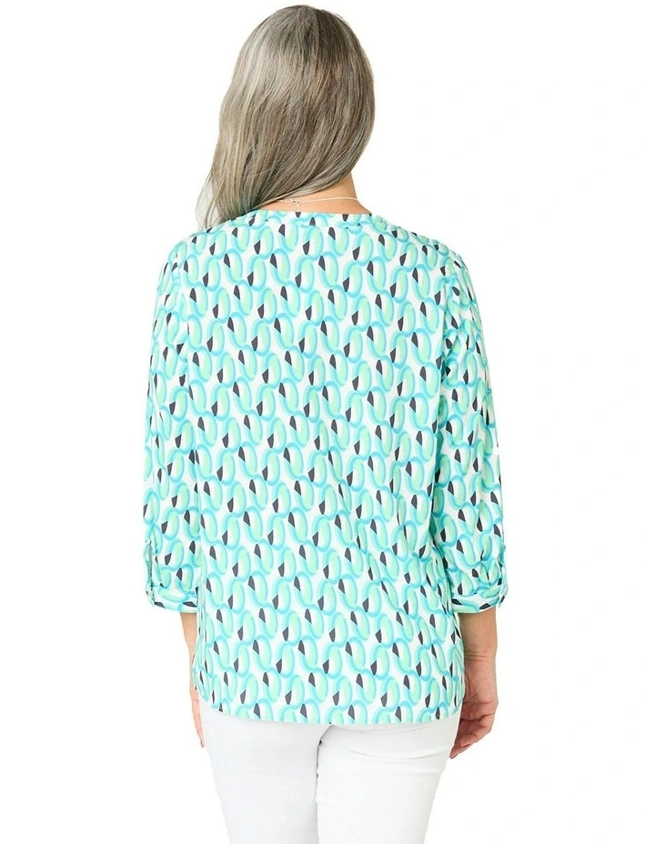 Ovals V Neck 3/4 Sleeve Blouse in Blue image 2