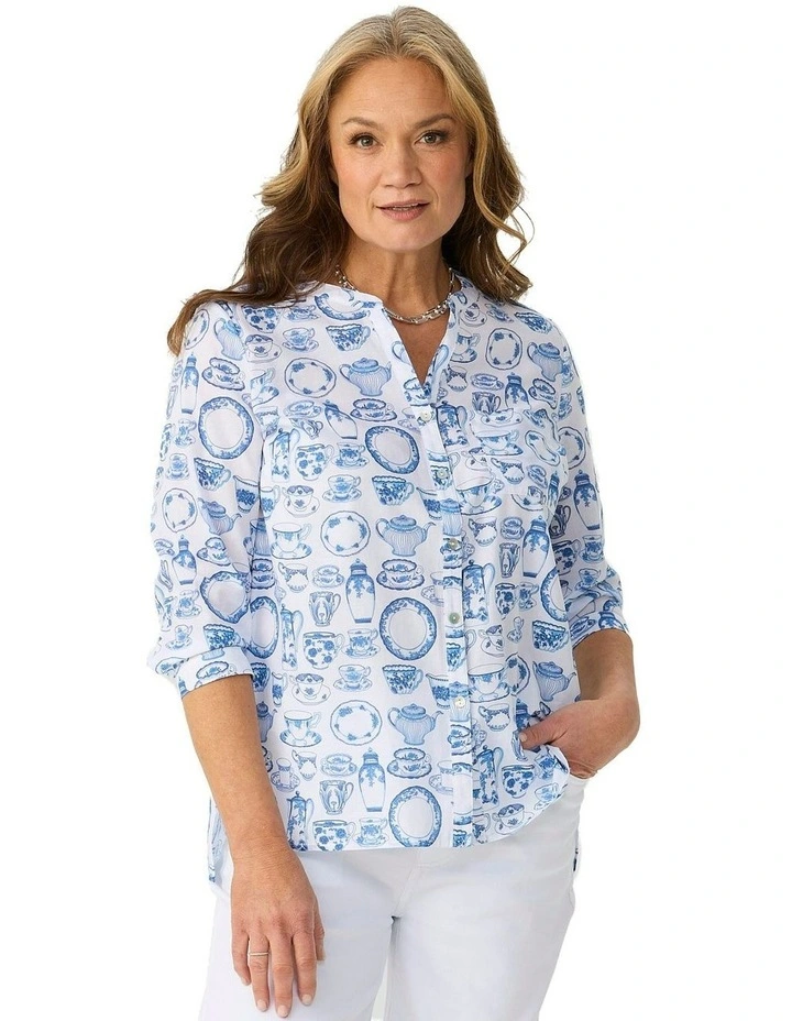 Wiltshire 3/4 Sleeve Open Neck Shirt in Blue image 1