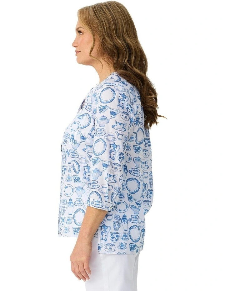 Wiltshire 3/4 Sleeve Open Neck Shirt in Blue image 3