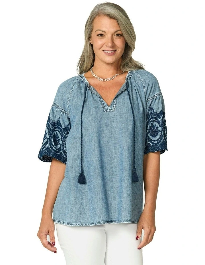 Layla Denim Embroidered Top in Blue image 1