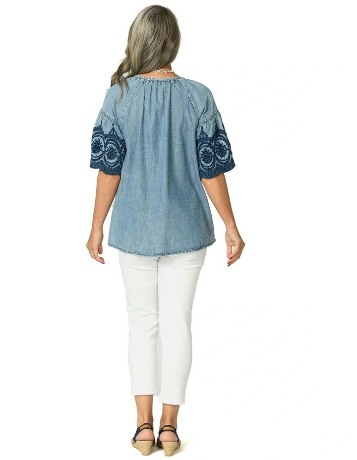 Layla Denim Embroidered Top in Blue image 2
