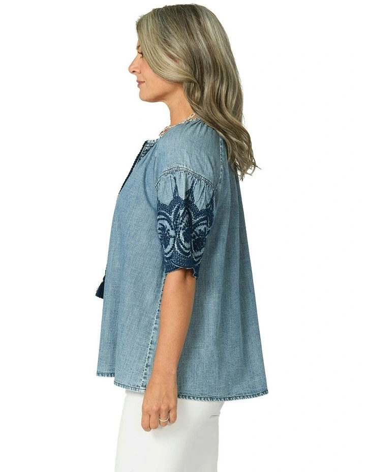 Layla Denim Embroidered Top in Blue image 3