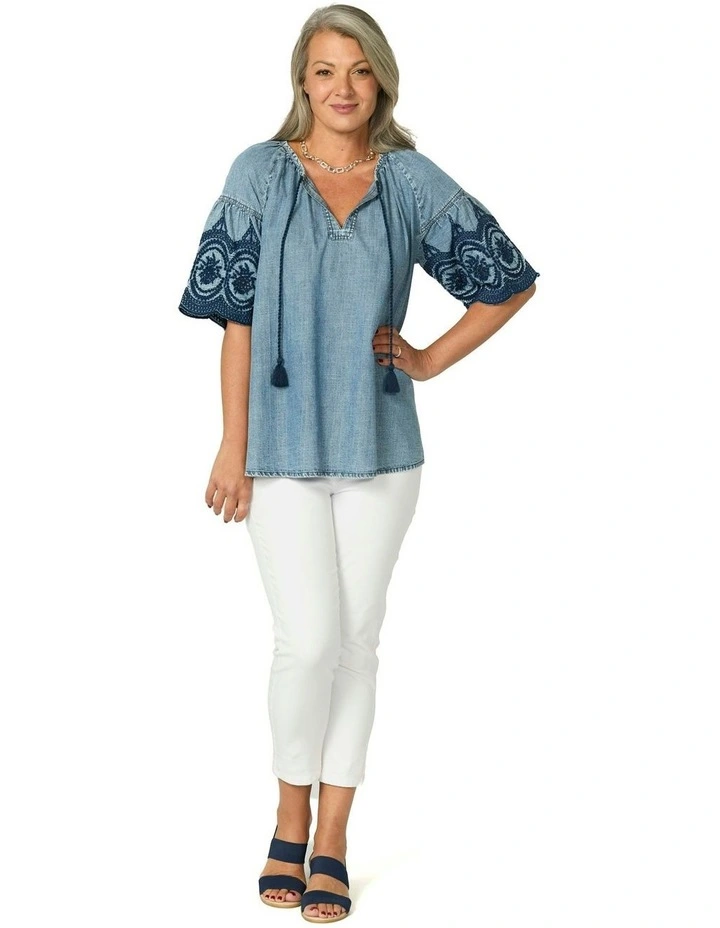 Layla Denim Embroidered Top in Blue image 4