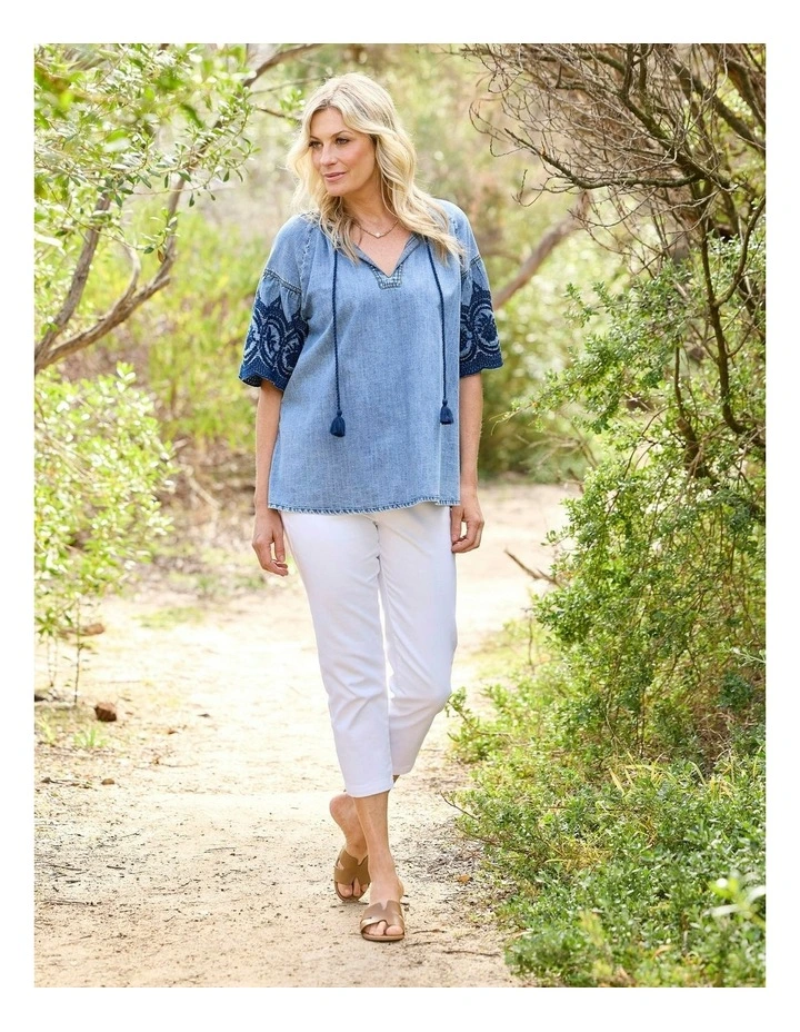 Layla Denim Embroidered Top in Blue image 5